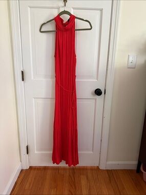 Sleeveless Red Maxi Dress with Waist Tie and Neck Tie detail